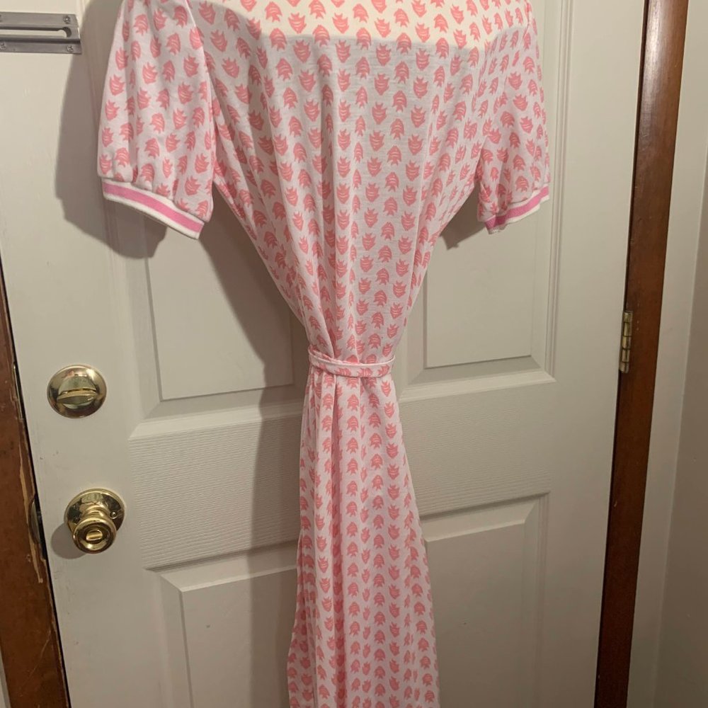 Vintage 1970s Shirt Dress Size Large Pink Fish Pattern Mid Calf Tie Waist - Picture 8 of 8